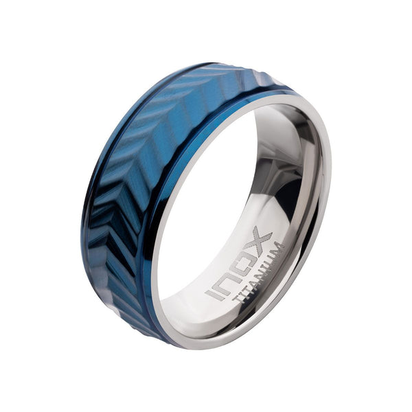 Inox Blue IP Titanium Matte Finish Chevron Comfort Fit Ring. Size 10