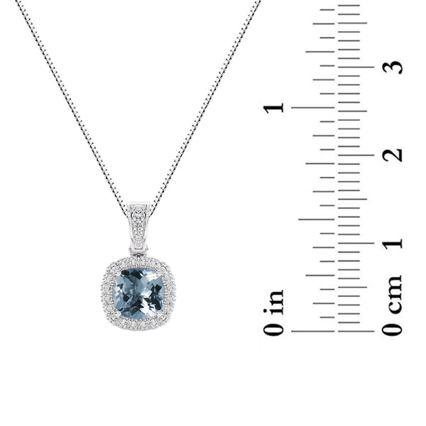 6MM Cushion Aquamarine and White Sapphire Birthstone Halo 18-inch Pendant in Sterling Silver