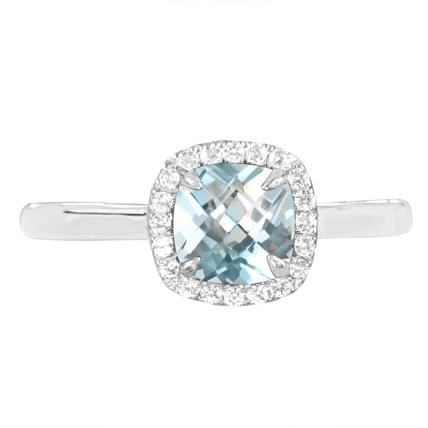6MM Cushion Aquamarine and White Sapphire Birthstone Halo Ring in Sterling Silver