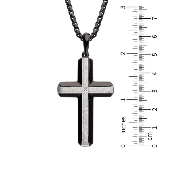 Inox Black IP Brushed Finish Stainless Steel Lab Grown Diamond Accent 24-inch Cross