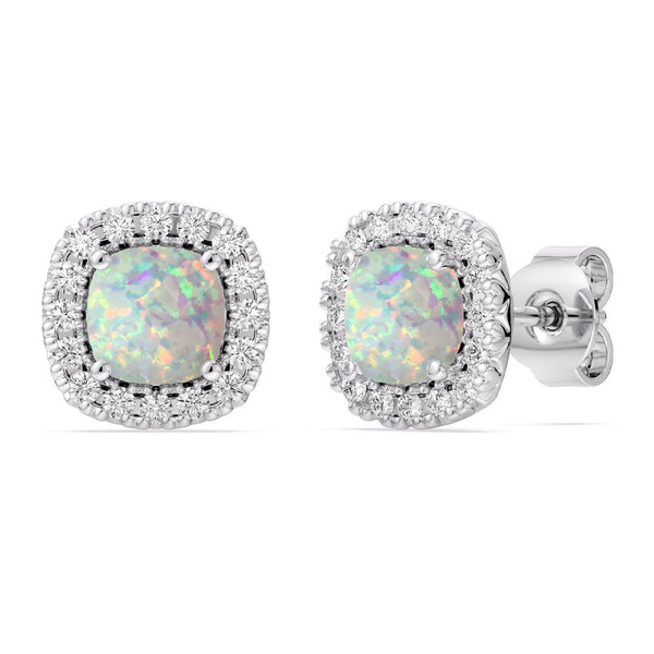5MM Cushion Opal and White Sapphire Birthstone Halo Stud Earrings in Sterling Silver