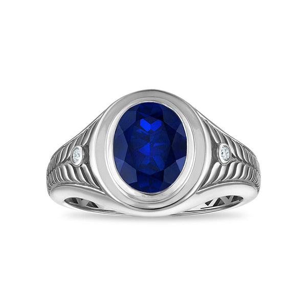 10X8MM Oval Blue Sapphire and Diamond Fashion Ring in Sterling Silver