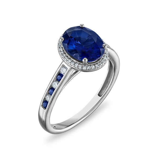 LoveSong EcoLove 9X7MM Blue Sapphire and Lab Grown Blue Sapphire Halo Ring in 10KT White Gold