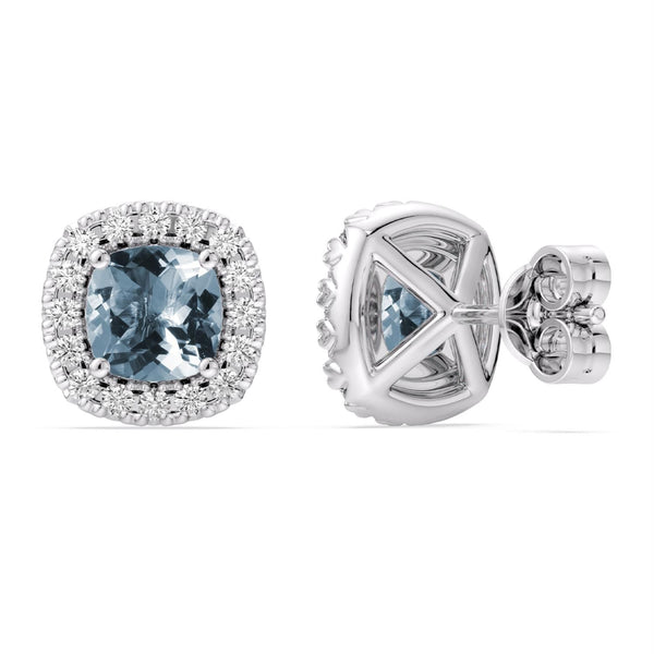 5MM Cushion Aquamarine and White Sapphire Birthstone Halo Stud Earrings in Sterling Silver