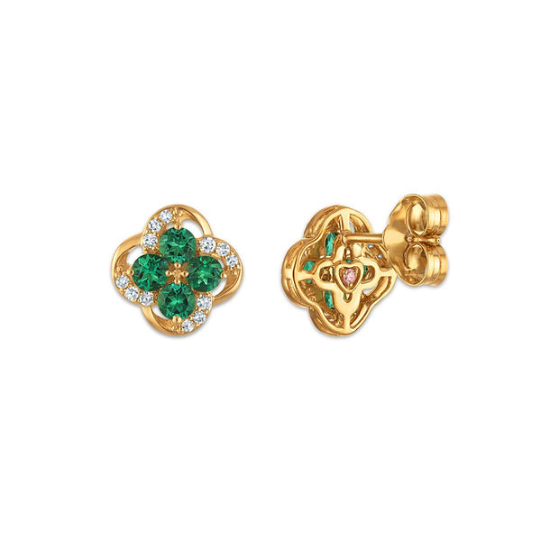 LoveSong EcoLove 2.5MM Emerald and Lab Grown Diamond Clover Earrings in 10KT Yellow Gold