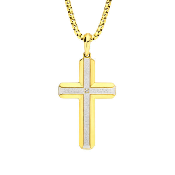 Inox 18KT Gold IP Brushed Finish Stainless Steel Lab Grown Diamond Accent 24-inch Cross