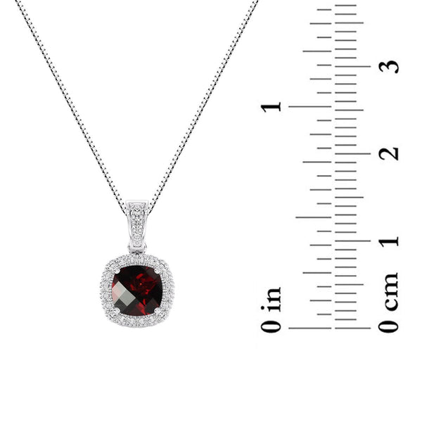 6MM Cushion Garnet and White Sapphire Birthstone Halo 18-inch Pendant in Sterling Silver