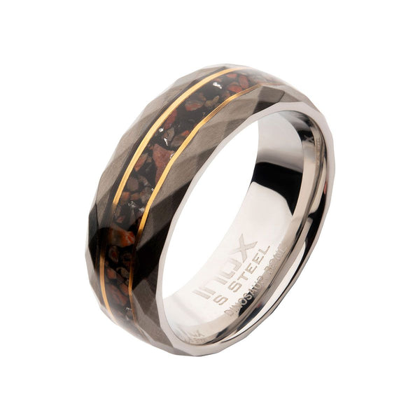 Inox Stainless Steel Ring with Dinosaur Bone Inlay and Thin 18KT Gold IP Lines. Size 10