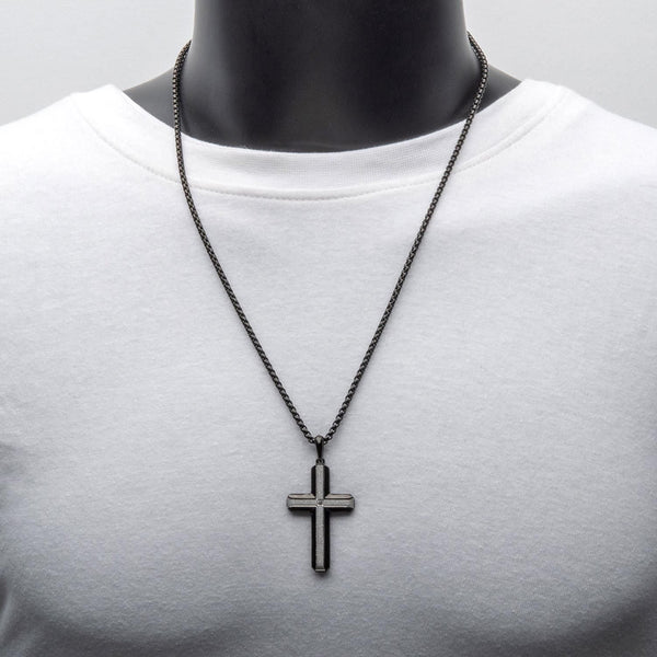 Inox Black IP Brushed Finish Stainless Steel Lab Grown Diamond Accent 24-inch Cross