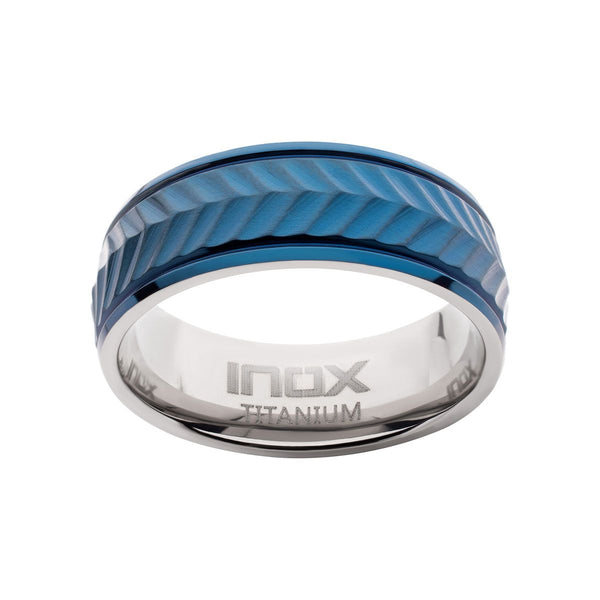 Inox Blue IP Titanium Matte Finish Chevron Comfort Fit Ring. Size 11