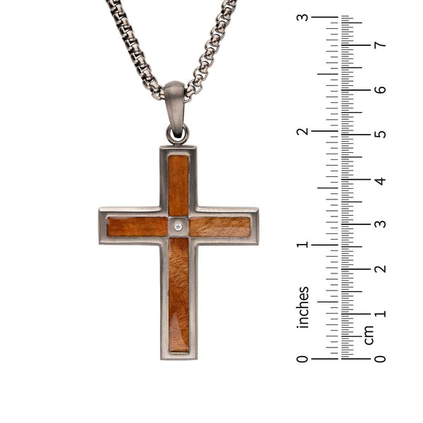 Inox Stainless Steel 24-inch Cross Pendant with Whiskey Barrel Wood Inlay and Lab Grown Diamond Accent