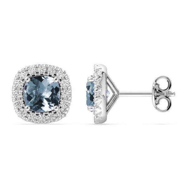 5MM Cushion Aquamarine and White Sapphire Birthstone Halo Stud Earrings in Sterling Silver