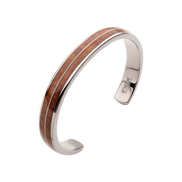 Inox Titanium and Whiskey Barrel Wood Inlay with Embedded Guitar String Cuff Bracelet