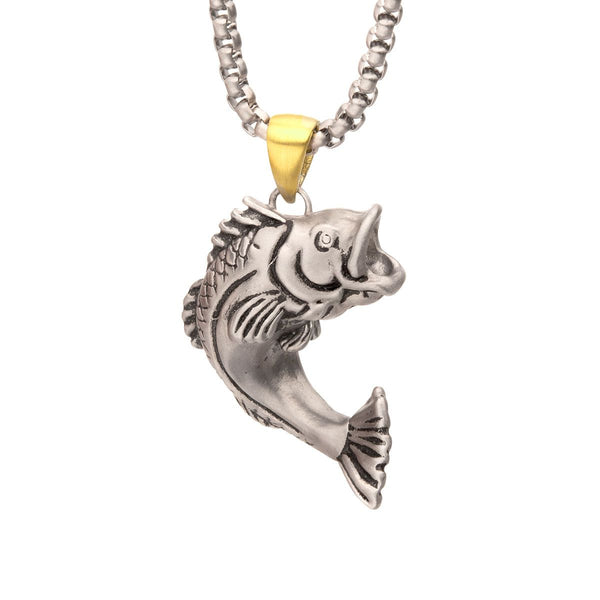 Inox Antiqued Matte Finish Stainless Steel  24-inch Largemouth Bass Pendant