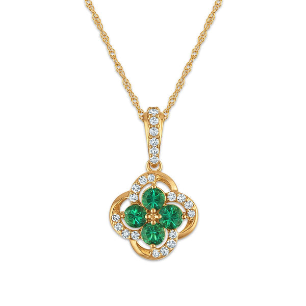 LoveSong EcoLove 3MM Emerald and Lab Grown Diamond Clover 18-inch Pendant in 10KT Yellow Gold