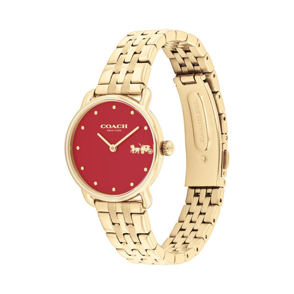 Coach Eliot 28MM Red Dial Goldtone Watch. 14504445