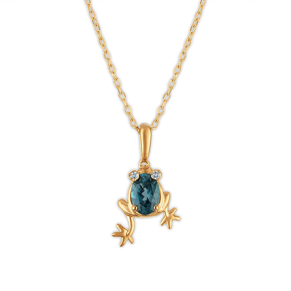 LoveSong London Blue Topaz and Lab Grown Diamond18-inch Frog Pendant in 18KT Gold Vermeil