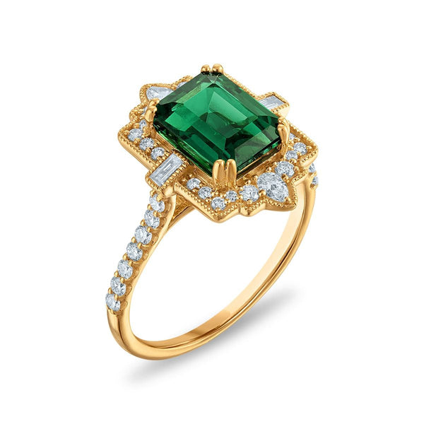 LoveSong EcoLove 9X7MM Emerald and Lab Grown Diamond Halo Ring in 10KT Yellow Gold