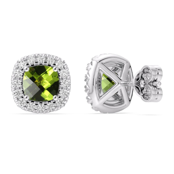 5MM Cushion Peridot and White Sapphire Birthstone Halo Stud Earrings in Sterling Silver
