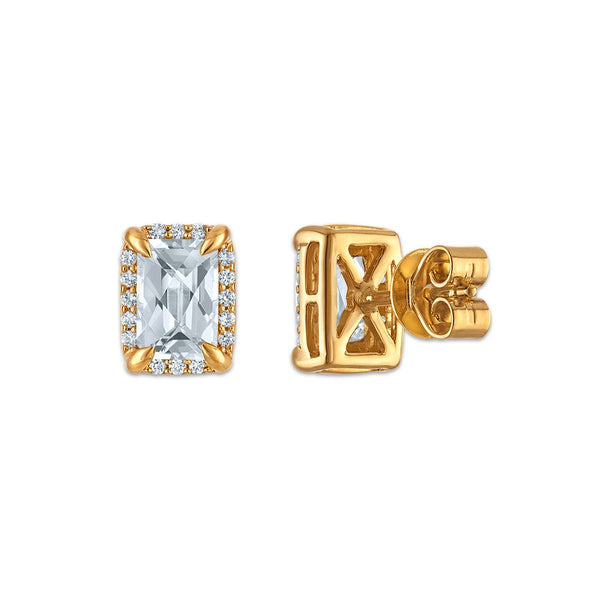 6X4MM Radiant White Topaz and White Sapphire Birthstone Stud Earrings in 18KT Gold Vermeil