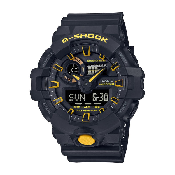 G-Shock with 57X53 MM Yellow Round Dial Resin Band Watch Band; GA700CY-1A Caution Yellow