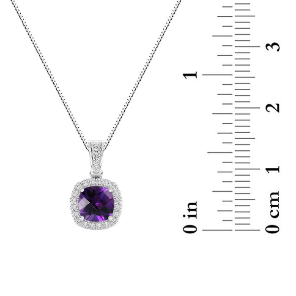 6MM Cushion Amethyst and White Sapphire Birthstone Halo 18-inch Pendant in Sterling Silver