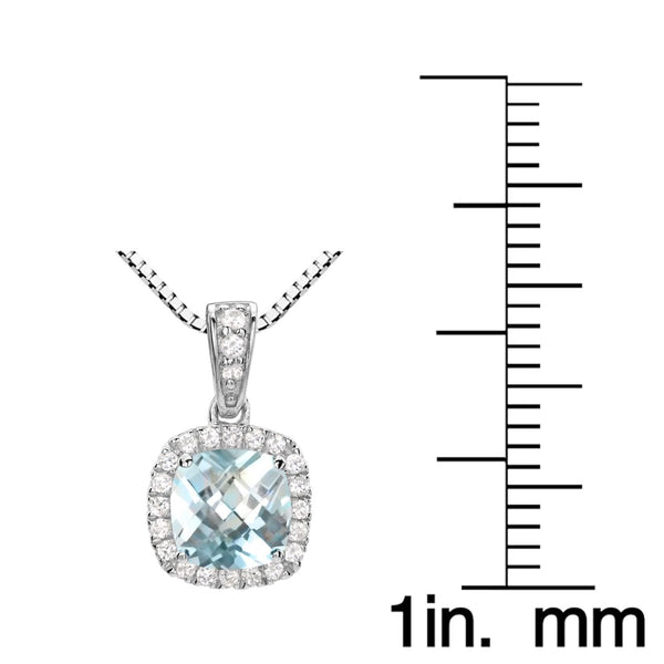 6MM Cushion Aquamarine and White Sapphire Birthstone Halo 18-inch Pendant in Sterling Silver