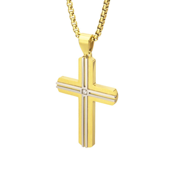 Inox 18KT Gold IP Stainless Steel Lab Grown Diamond Accent 24-inch Cross Pendant