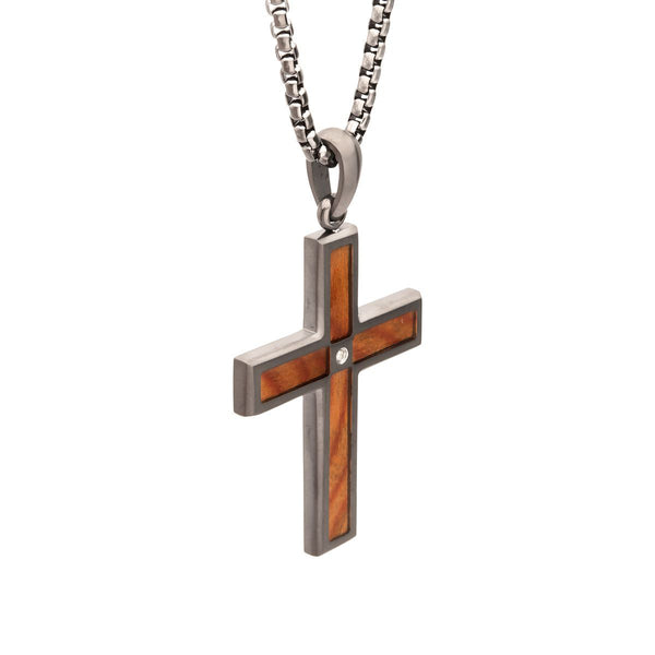 Inox Stainless Steel 24-inch Cross Pendant with Whiskey Barrel Wood Inlay and Lab Grown Diamond Accent