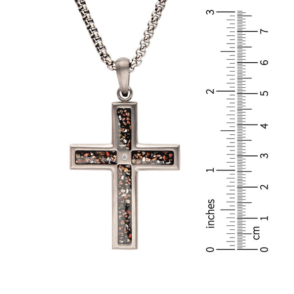 Inox Stainless Steel 24-inch Cross Pendant with Black Dinosaur Bone Inlay and Lab Grown Diamond Accent