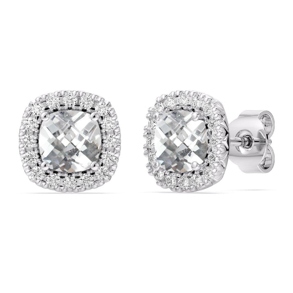 5MM Cushion White Sapphire and White Sapphire Birthstone Halo Stud Earrings in Sterling Silver