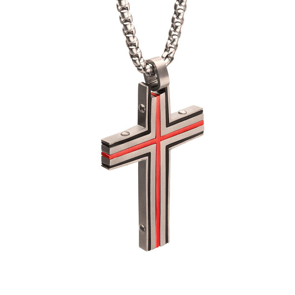 Inox Red IP Stainless Steel  24-inch Dante Cross Pendant