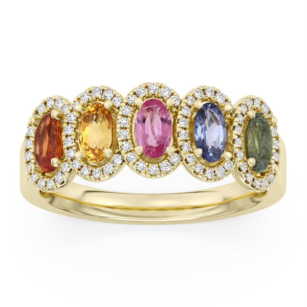 Multi-Color Sapphire and Diamond Halo Ring in 10KT Yellow Gold