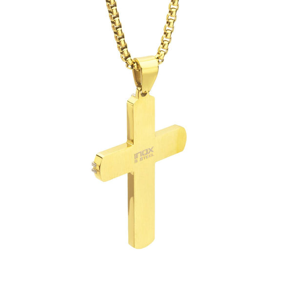 Inox 18KT Gold IP Stainless Steel Lab Grown Diamond Accent 24-inch Cross Pendant