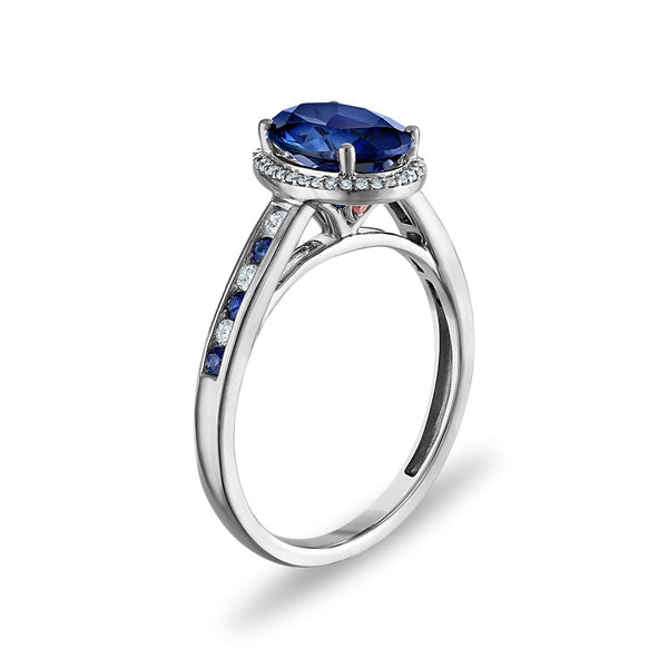 LoveSong EcoLove 9X7MM Blue Sapphire and Lab Grown Blue Sapphire Halo Ring in 10KT White Gold