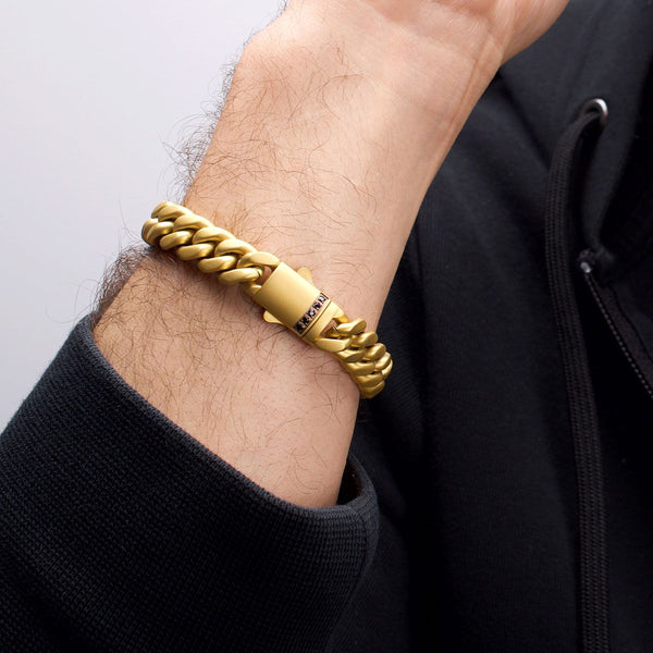 Inox Gold IP Stainless Steel 8.5-inch 8MM Miami Cuban Link Bracelet with Black Sapphire