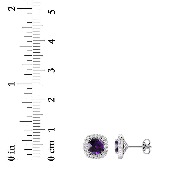 5MM Cushion Amethyst and White Sapphire Birthstone Halo Stud Earrings in Sterling Silver