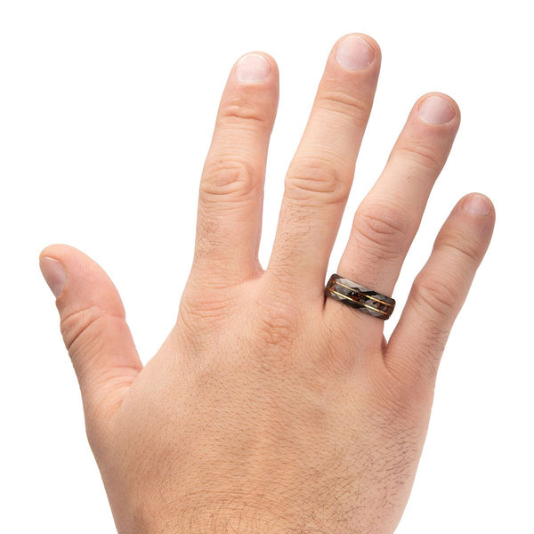 Inox Stainless Steel Ring with Dinosaur Bone Inlay and Thin 18KT Gold IP Lines. Size 10