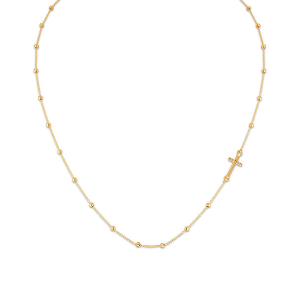 14KT Yellow Gold 18-inch Cross and 2MM Beaded Neckalce