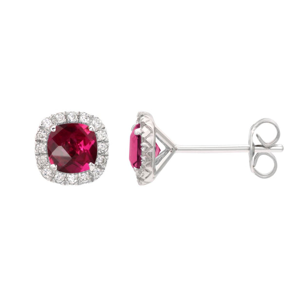 5MM Cushion Ruby and White Sapphire Birthstone Halo Stud Earrings in Sterling Silver