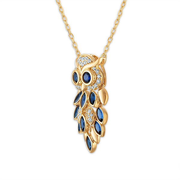 LoveSong 1/6 CTW Lab Grown Diamond and Blue Sapphire 18-inch Owl Pendant in 18KT Gold Vermeil