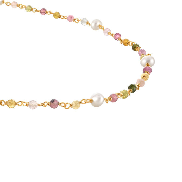 Pearl and Tourmaline 18-inch Necklace in Yellow Gold Plated Sterling Silver