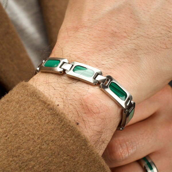 Inox Stainless Steel Malachite Stone Inlay 8.5-inch Bracelet