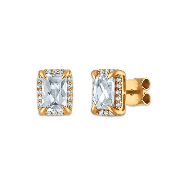 6X4MM Radiant White Topaz and White Sapphire Birthstone Stud Earrings in 18KT Gold Vermeil