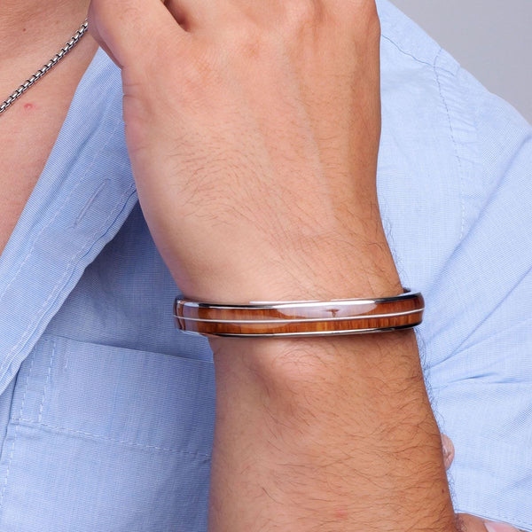 Inox Titanium and Whiskey Barrel Wood Inlay with Embedded Guitar String Cuff Bracelet
