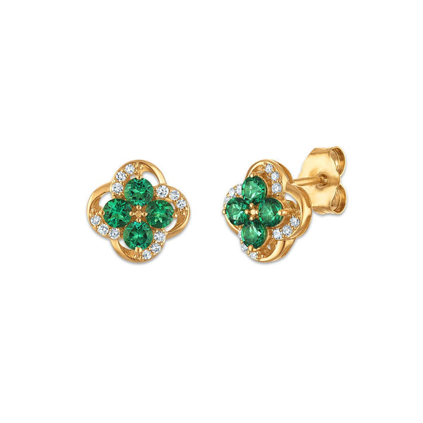 LoveSong EcoLove 2.5MM Emerald and Lab Grown Diamond Clover Earrings in 10KT Yellow Gold