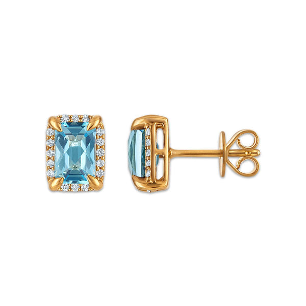 6X4MM Radiant Swiss Blue Topaz and White Sapphire Birthstone Stud Earrings in 18KT Gold Vermeil