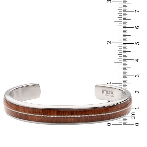 Inox Titanium and Whiskey Barrel Wood Inlay with Embedded Guitar String Cuff Bracelet