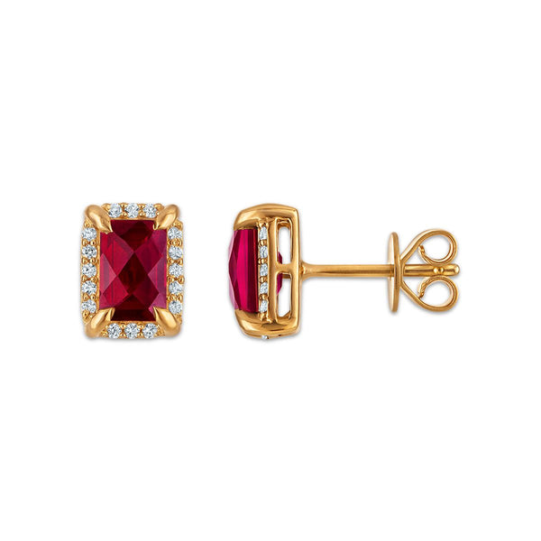 6X4MM Radiant Ruby and White Sapphire Birthstone Stud Earrings in 18KT Gold Vermeil