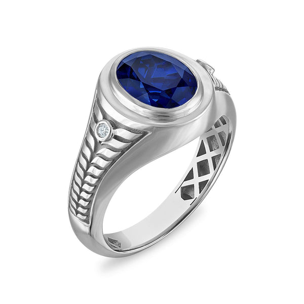 10X8MM Oval Blue Sapphire and Diamond Fashion Ring in Sterling Silver